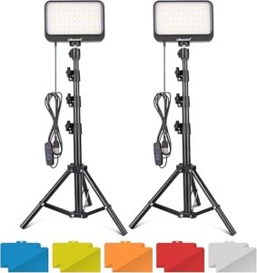 UBeesize LED Video Light Kit, 2Pcs Dimmable Continuous Portable Photography Lighting with Adjustable Tripod Stand & 5 Color Filters for Tabletop:Low-Angle Shooting