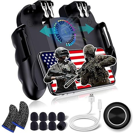 4 Trigger USB Mobile Game Controller with Cooling Fan Adjustable Stand for PUBG/Call of Duty/Fotnite [6 Finger Mode] GAMR+ L1R1 L2R2 Gaming Grip Gamepad